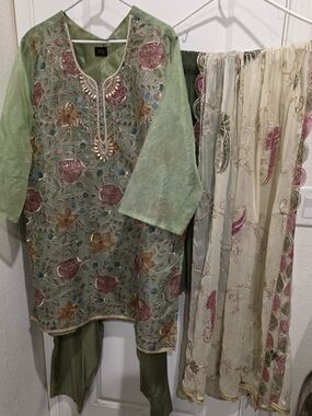 Embroidered Pastel Green Salwar Kameez with Floral Detail